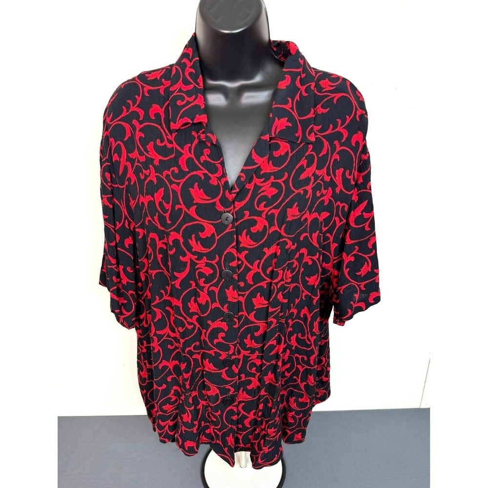 Dena Lauren Women's Large Blouse Printed Button Front Short Sleeve Vintage Retro